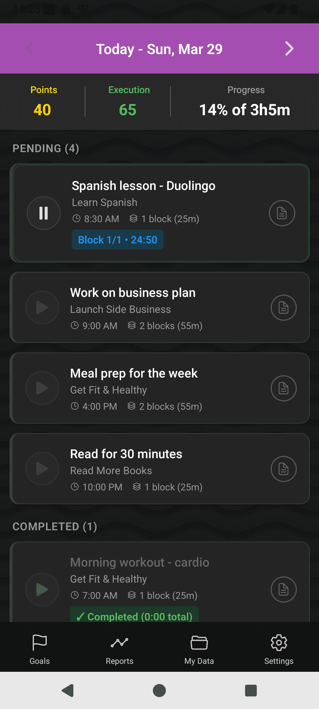 The Overachiever Android app showing a day of goal-linked work blocks with Pomodoro timers, execution points and progress against planned time