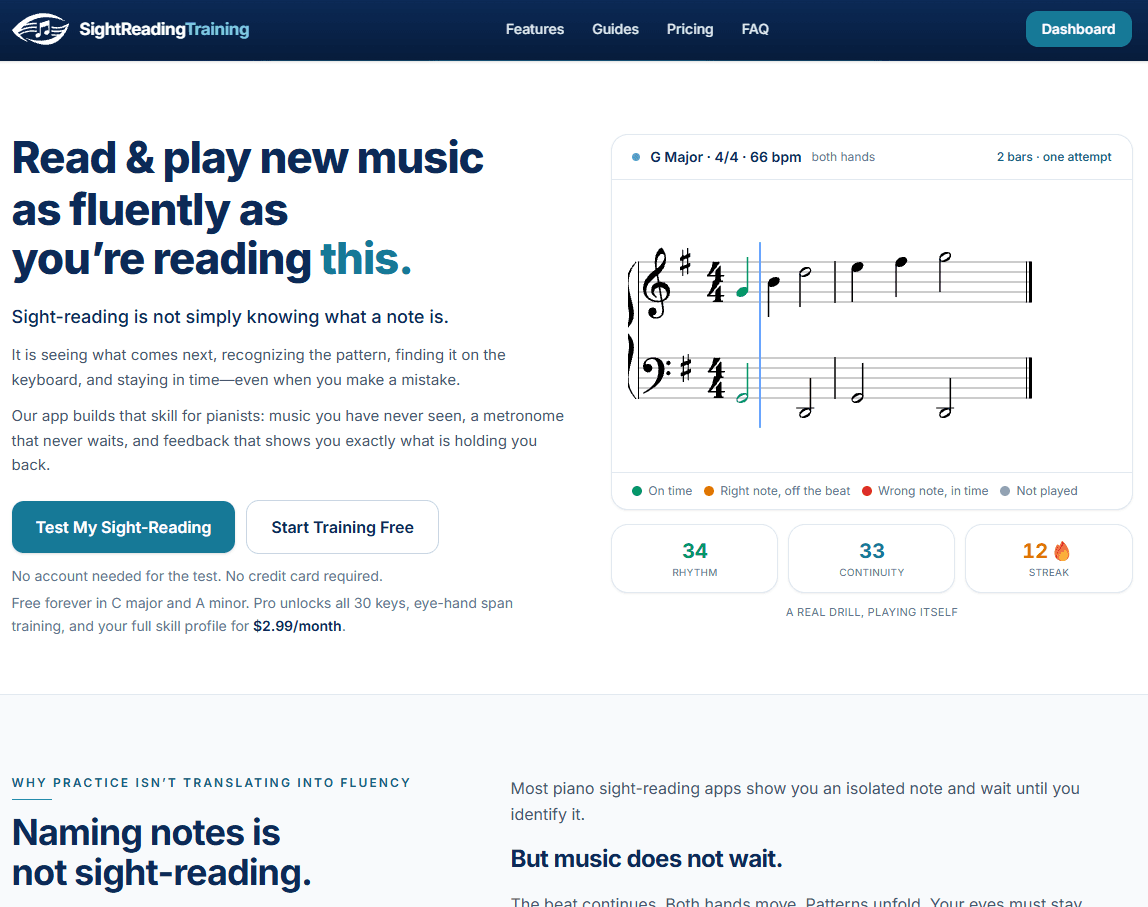 SightReadingTraining.com showing a freshly generated G major sight-reading exercise at 66 bpm, with per-note feedback for rhythm, pitch and continuity